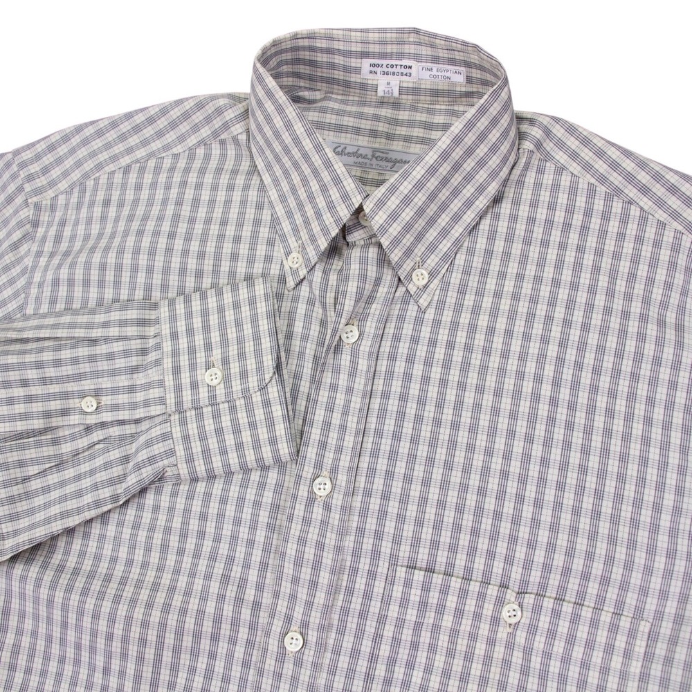 Salvatore Ferragamo Mens 14.5x32 Cream Check Button Front‎ Dress Shirt ITALY